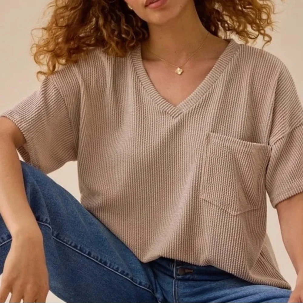 Altar'd State Green Striped V-Neck Top - Picture 4 of 4